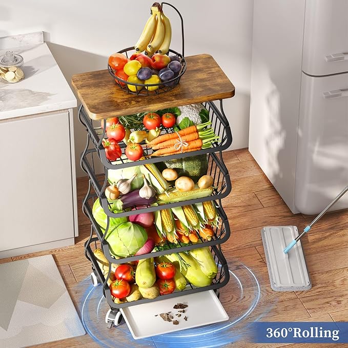 SAYZH Fruit Basket Kitchen Pantry Organizers and Storage - Wooden Top Table, Stackable Metal Wire Basket Stand Cart for Fruit Vegetable Snacks Onion Potato Organization (Black, 5 Tiers)