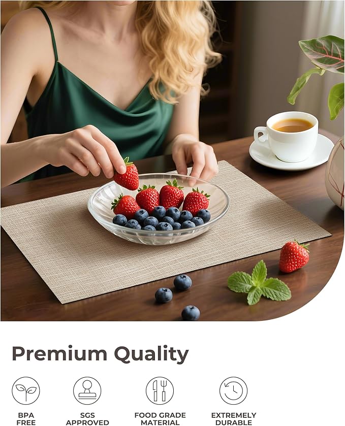 Leetaltree Beige Placemats Set of 8 - Heat Resistant Non-Slip Place mats for Dining Table, Washable Durable PVC Vinyl Woven Table Mats（Beige, 8）