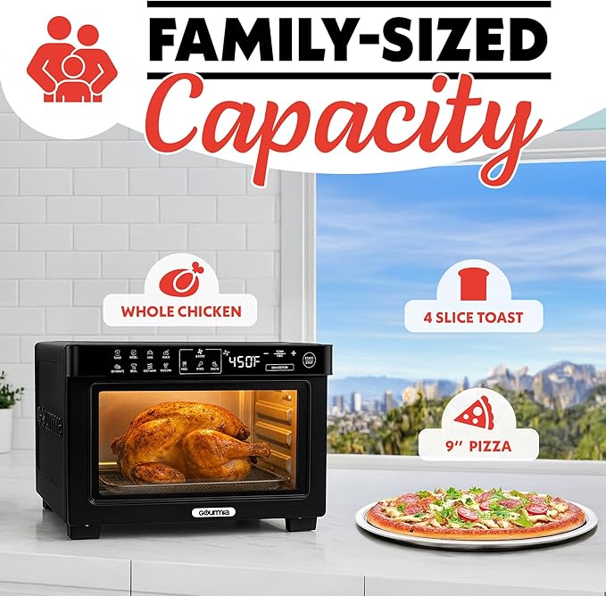 Gourmia Toaster Oven Digital Air Fryer - Convection Mode with 4 Slice Capacity, 3 Rack Positions, 12 Presets, Toast, Bagel, Bake, Roast, Broil, Dehydrate, Popcorn, Fits 9" Pizza, Black