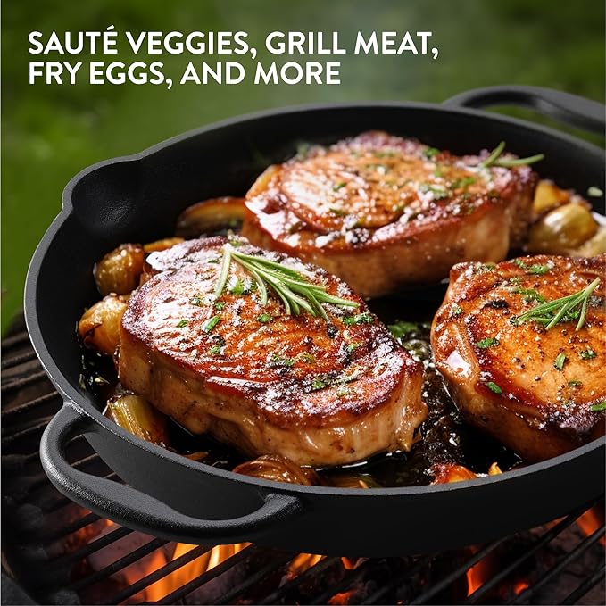 Navaris Cast Iron Skillet - 12"(30cm) Pre-Seasoned Frying Pan with Double Handles, Pour Spouts, for Oven, Stovetop, Grill & Campfire, Non-Toxic, Heavy-Duty, Even-Heating Cookware