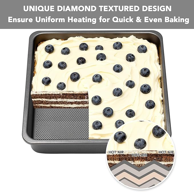 Tiawudi Square Cake Pan, Nonstick Baking Pan for Bread or Brownie, 9x9 Inch Bakeware with Diamond Texture Pattern, Set of 2