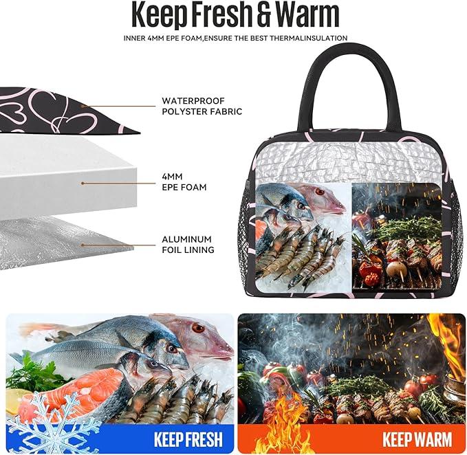 douyadady Lunch Bag Women/Men Lunch Box Women/Men (black+pink heart)
