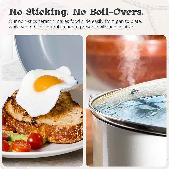 Premium Non-Toxic Ceramic Cookware Set – Triple-Layer Nonstick 12 Piece Pots and Pans with Lids, PFAS-Free, Oven Safe for Healthy Meals, Space-Saving Design, Birch White Color | Greater Goods