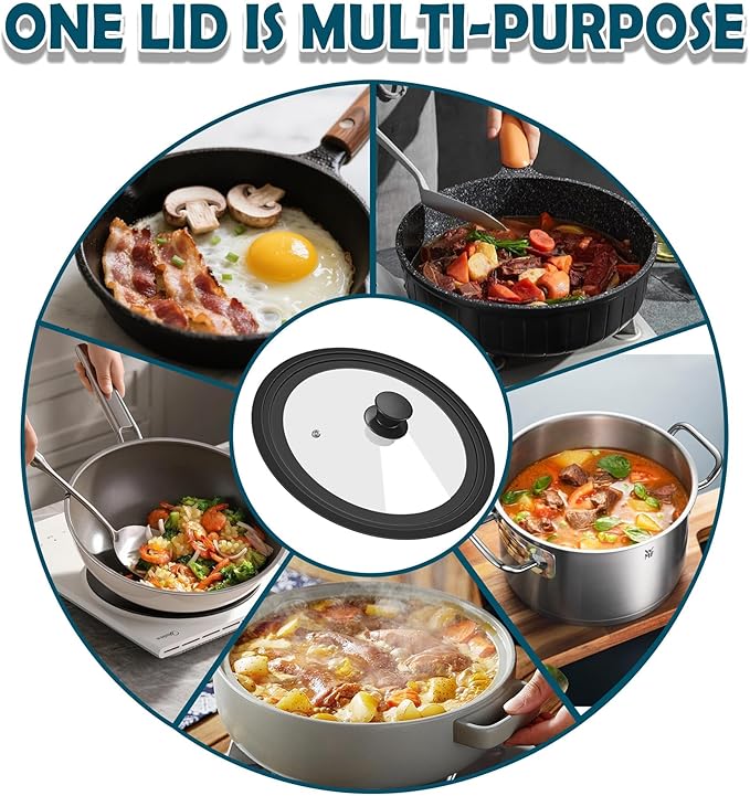 Universal Lid for Pots, Pans and Skillets, 6&7&8 inch, Diameter Cookware, Silicone Replacement Pan Lid Pot Lids for Frying Pans, Cast Iron,Tempered Glass Lid