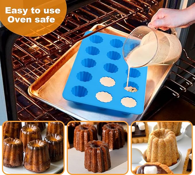 Sidosir 2Pcs Small Canele Mold Silicone, 15-Cavity Mini Nonstick Canele Silicone Baking Cake Pan for Bread Muffin, Non-Stick Madeline Pans for Baking