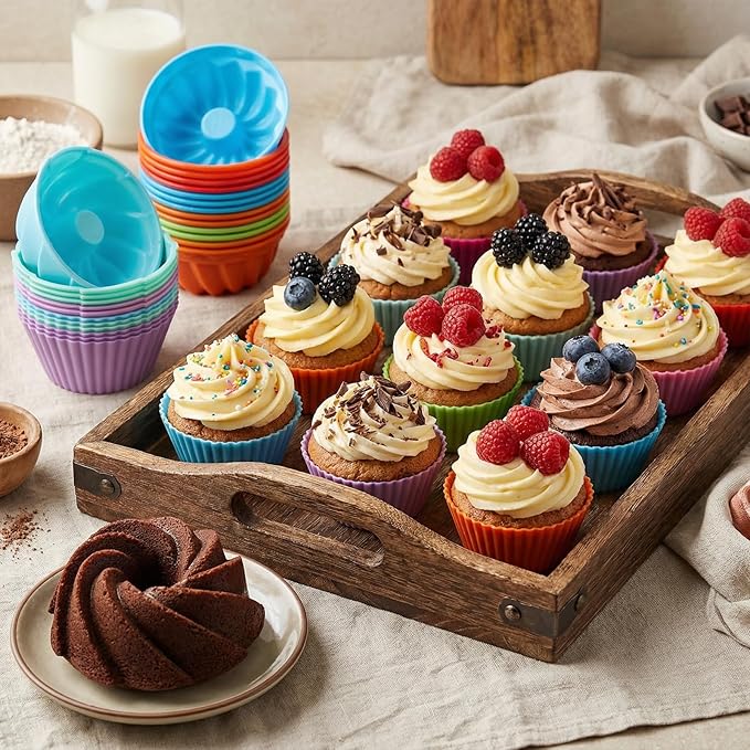 52 Pcs Single Silicone Donut Molds, 4 Styles Silicone Molds for Baking Small Reusable Non-Stick Baking Cups for Donuts, Muffins, Cupcakes, Jellies, Bagels (Multicolor)