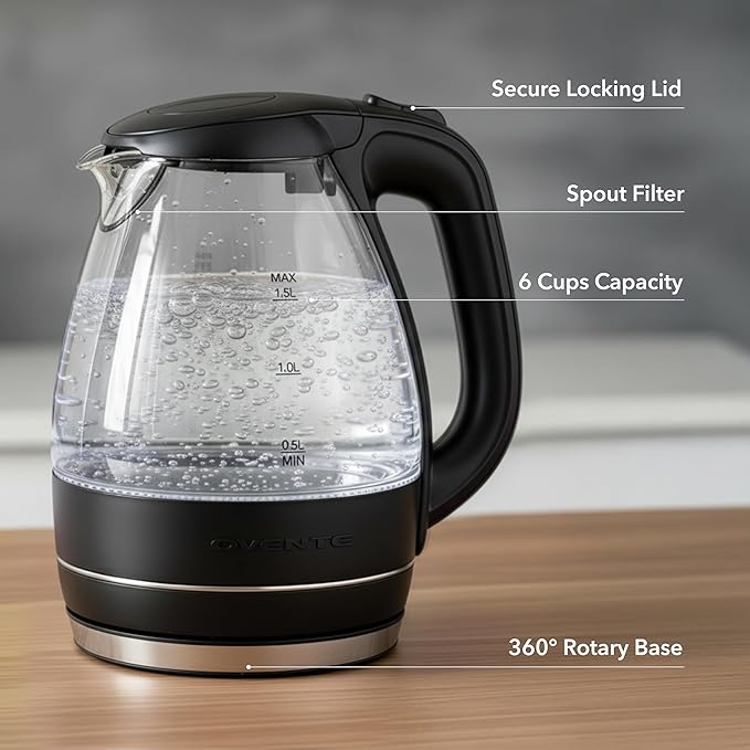 OVENTE Electric Kettle, 1.5L Borosilicate Glass Countertop Water Heater and Boiler for Coffee or Tea, BPA-Free, Auto Shut-Off, Boil-Dry Protection, Removable and Washable Spout Filter, Black KG83B