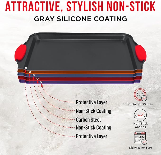 2 Piece Set Nonstick Carbon Steel Oven Bakeware -Professional Quality Kitchen Cooking Baking Trays -PFOA, PFOS, PTFE-Free Medium & Large Baking Sheet Pans with Red Silicone Handles