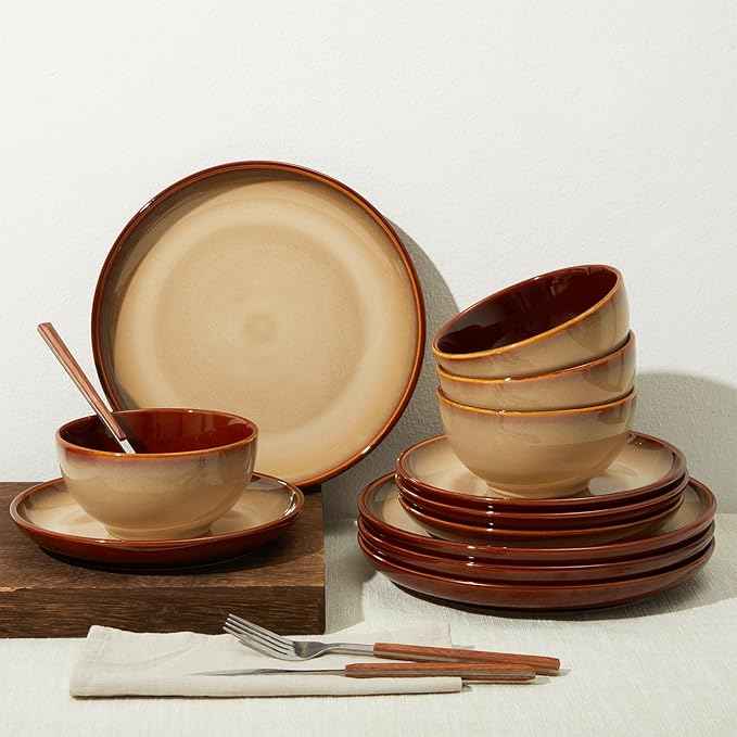 Ceramic Dish Set for 6, 18 Piece Dinnerware Set for Small to Medium Families, Reactive Glaze Design, Dishwasher & Microwave Safe, Brown Yellow