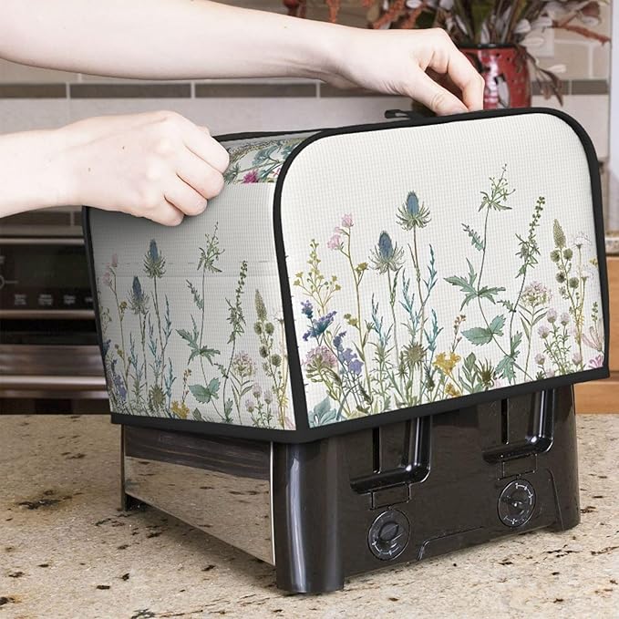 Toaster Cover 4 Slice Wildflowers Leaves Waterproof Appliance Cover with Hang Loop Bread Baker Toaster Cover for Kitchen