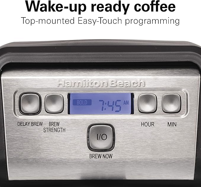 Hamiton Beach 12 Cup Compact Programmable Drip Coffee Maker with No-Drip Burosilicate Glass Carafe, 2-Hour Auto Shutoff, Space-Saving Design, Black with Stainless Steel Accents (46200)