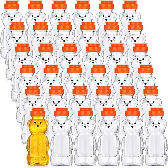 Thenshop 36 Pcs 8 oz Honey Jar Plastic Empty Bear Bottle Dispenser Clear Transparent Honey Containers Bear Cup Squeeze Bottle with Flip Top Lid for Storing Dispensing(Orange Lid)