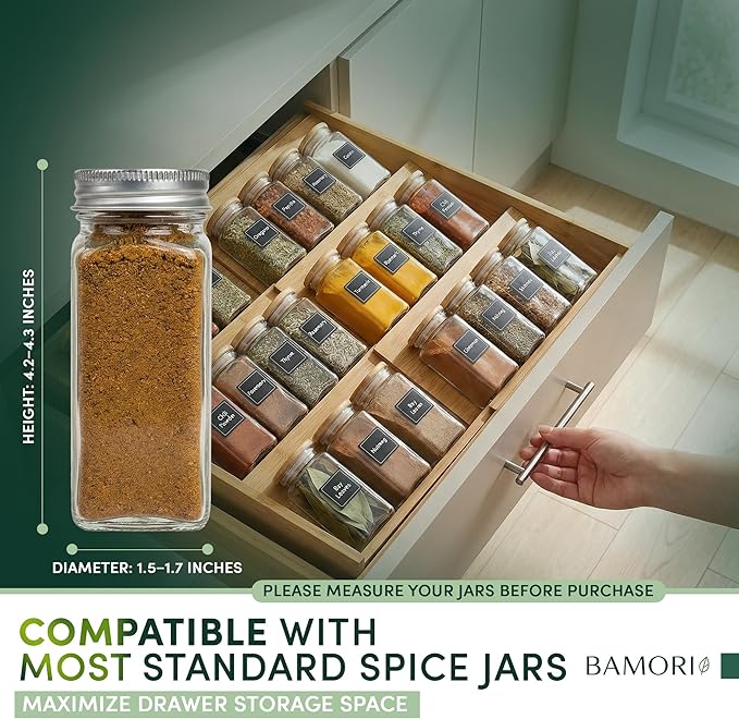 Bamboo Spice Drawer Organizer – Expandable 4 Tiered Spice Rack Insert for Kitchen Drawer – Premium Bamboo Seasoning Organizer for Drawer Storage (Need 3" Deep Drawer)