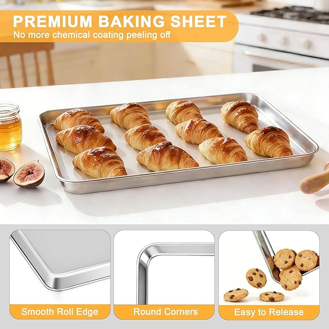 Onader Baking Cookie Sheet Set, 20 x 14 Inch Stainless Steel Large Baking Sheet Pan, 1 Inch Deep Metal Oven Pan Tray for Oven, Easy Clean & Dishwasher Safe, 2-Pack