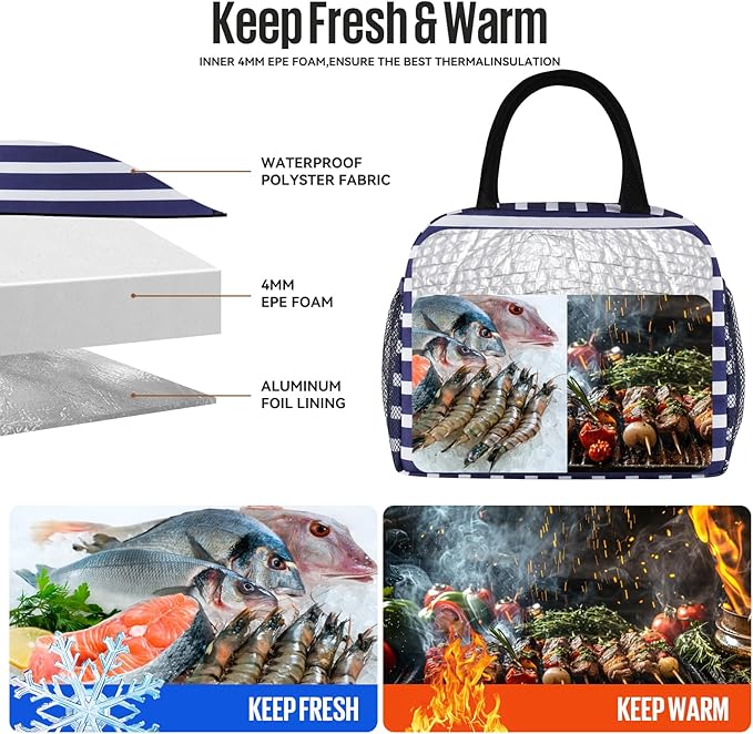 douyadady Lunch Bag Women/Men Lunch Box Women/Men (Dark blue+White Stripes)