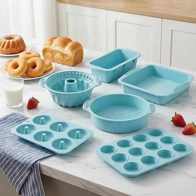 Nonstick Silicone Bakeware Set, 6 set Baking Cake Pan, Economical BPA Free Heat Resistant Bakeware Tools for DIY Loaf Bread Cheesecake Pizza Cupcake Muffin (Blue)