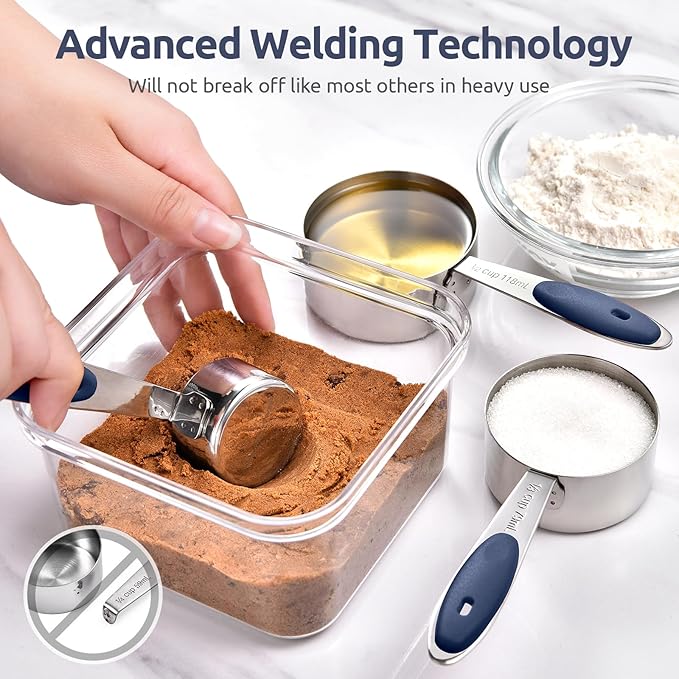 U-Taste 18/8 Stainless Steel Measuring Cups and Spoons Set of 10 and 12.6in Stainless Steel Danish Dough Whisk (Midnight Blue)