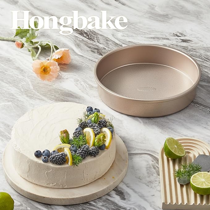 HONGBAKE Nonstick Ceramic 9 Inch Round Cake Pan Set of 2, Heavy-Duty Aluminized Steel round cake pans with Diamond Texture, Non-Toxic Cake Molds, Cake Pans Sets for Baking Cheesecake, Cream, Gold