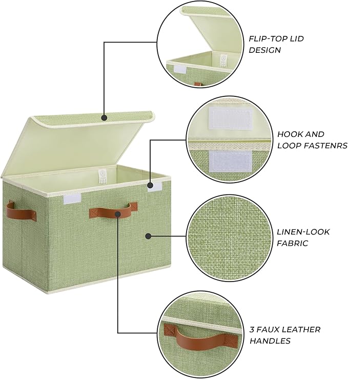 GRANNY SAYS Fabric Storage Bins with Lids, Decorative Storage Boxes with PU Handles, Keepsake Memory box, Shelf Baskets for Closet, Sage Green, Large, 2-Pack