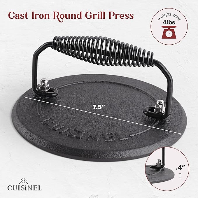 Cuisinel Cast Iron Skillet + Grill Press + Scraper Set - 10"-inch Pre-Seasoned Frying Pan + Silicone Handle Grip - 7" Round Burger Smasher - Indoor/Outdoor, Grill, Kitchen Cookware. PFAS and PFOA-free