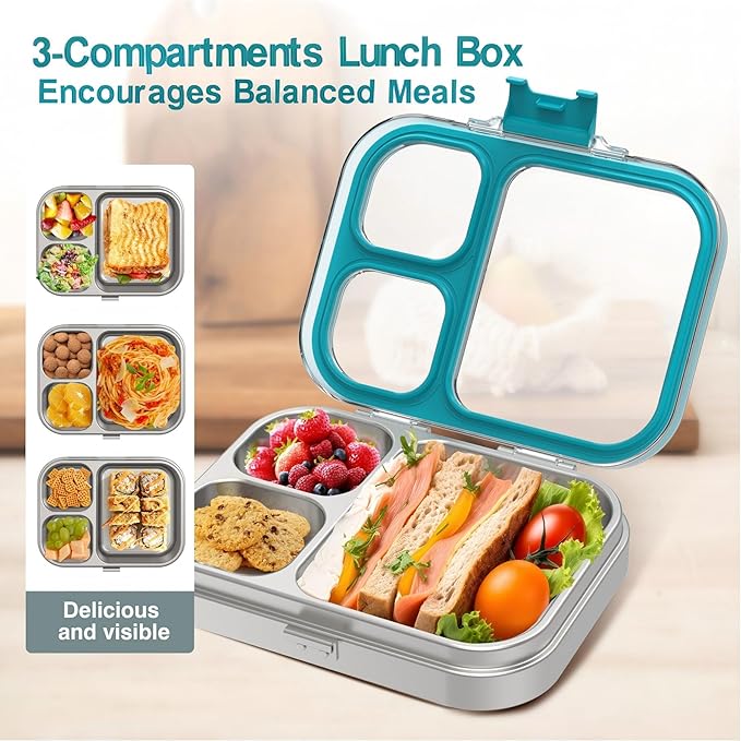 HOMEKOL Stainless Steel Bento Lunch Box, 3-Compartment Leak-Proof Lunch Container for Kids & Adults, BPA/BPS-Free 304 Metal Food Box, Dishwasher Safe, Clear Tritan Lid, Blue (Not Insulated)