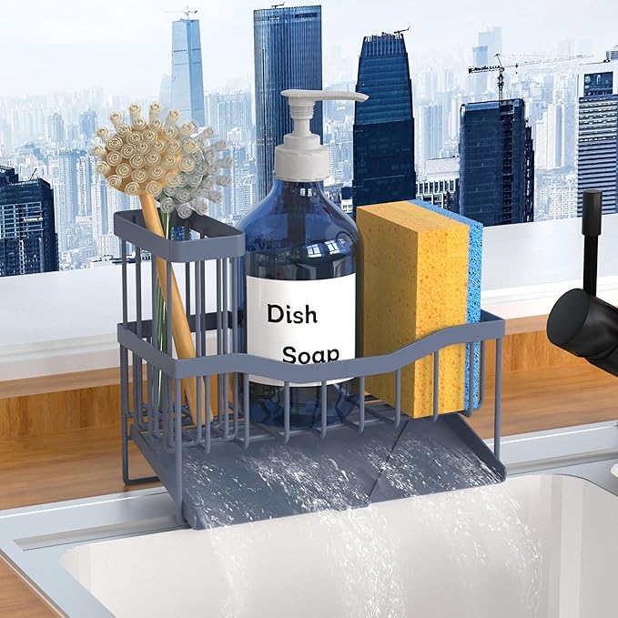 Maifan Sink Caddy Sponge Holder for Kitchen with Brush Holder and Stainless Steel Self Drain Tray, Rustproof Kitchen Sink Organizer for Sponge, Soap Dispenser Storage Accessories Grey Blue