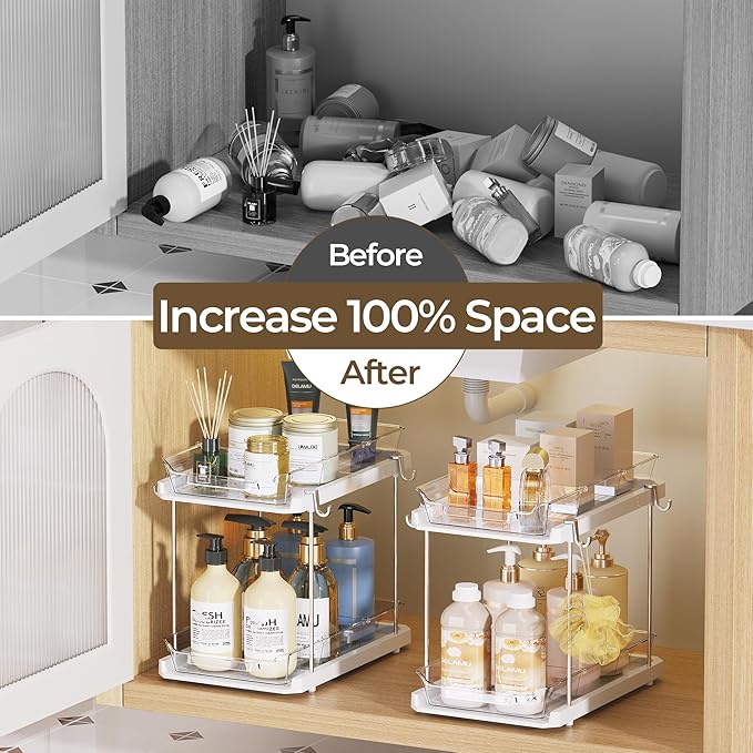 Delamu 2 Tier Bathroom Under Sink Organizers and Storage with Hook, Multi-Purpose Cabinet Drawers with Movable Dividers, Pull Out Organization for Countertop, Kitchen and Pantry(White, 2 Pack)