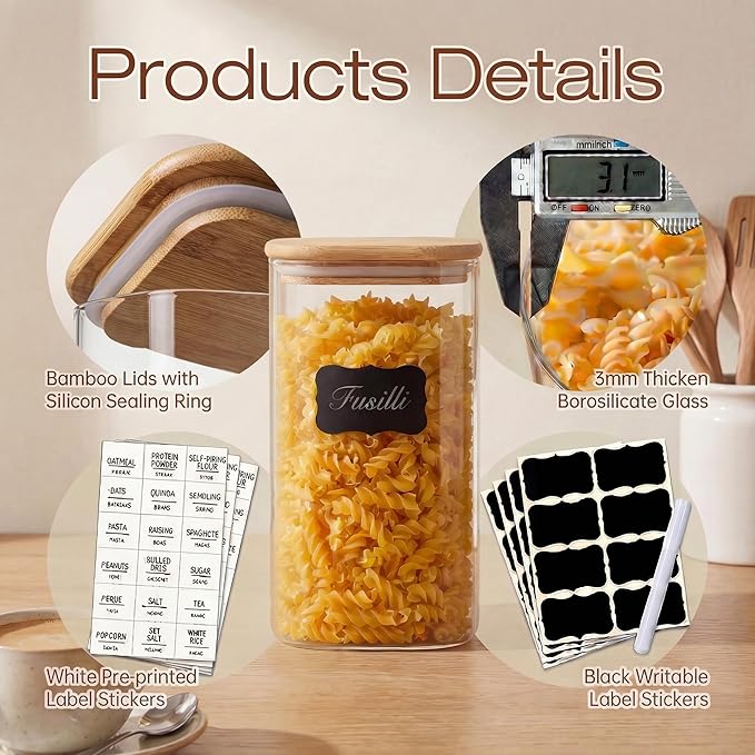 42oz & 27oz - 4 Pack Square Glass Jars with Bamboo Lids, Glass Food Storage Containers with Airtight Lids for Kitchen, Air Tight Pantry Storage Containers for Cereal, Pasta, Rice, Sugar, Coffee, Spice