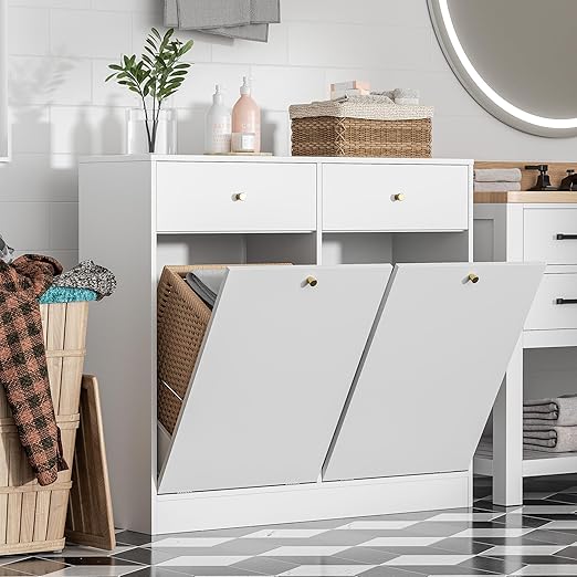 Housoul Double Tilt Out Trash Can Cabinet with 2 Drawers, Trash Storage Cabinet, Hidden Garbage Bin, Free Standing Laundry Sorter Organizer for Kitchen Dining Living Room, Bathroom, White