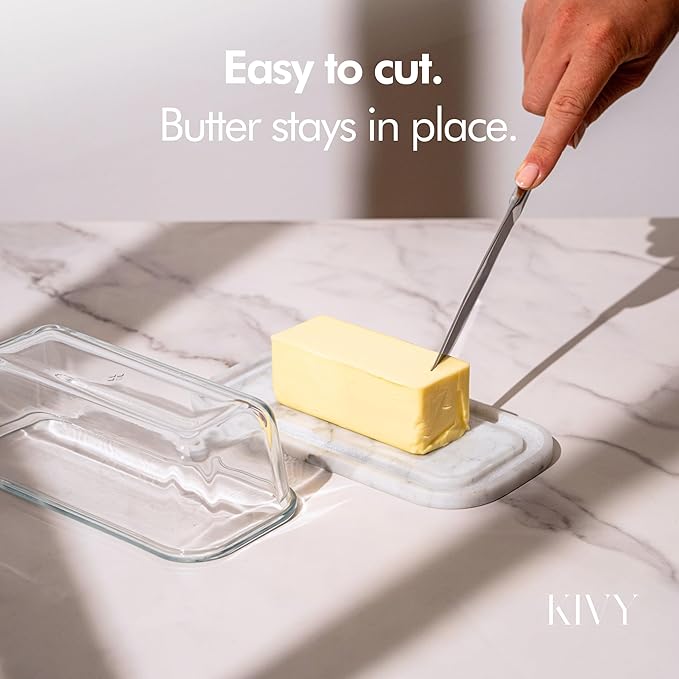 KIVY Butter Dish (White Marble & Glass) - For countertop and refrigerator door shelf - Marble butter keeper - Stone butter dish with lid - Dishwasher Safe