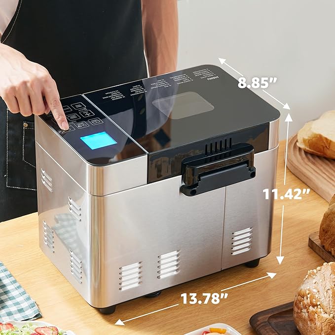 Elite Gourmet Programmable 2-Lb Bread Maker, PFAS Free Ceramic Ceralast™ Pan, Touch Screen Control Panel, 19 Functions, Gluten Free, White, Wheat, Rye & More, 3 Loaf Sizes, Stainless Steel