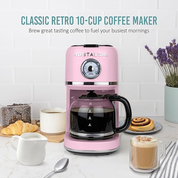 Nostalgia Classic Retro 10 Cup Coffee Maker - One-Touch Drip Brew, Reusable Filter - Anti-Drip, Auto Shutoff, & Time Display - Dishwasher Safe 50 oz Carafe - Pink