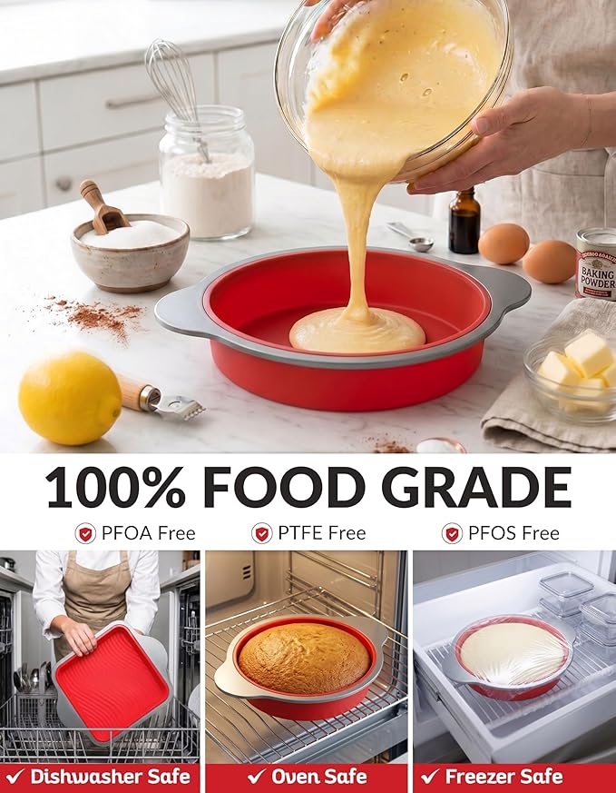 Boxiki Kitchen 9 Inch Non-Stick Silicone Round Cake Pan with Steel Frame Handles - Perfect for Baking Delicious Round Cakes
