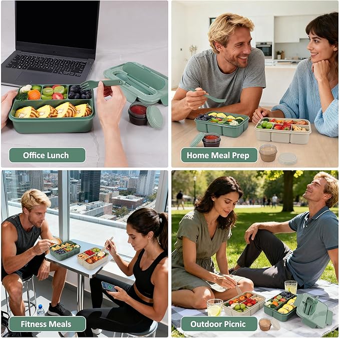 Caperci Bento Box Adult - 50 oz Large Lunch Containers for Adults and Teens, 4-Compartment Bento Lunch Box with Utensils & Leak Proof Sauce Cup, Dishwasher Safe, Durable, BPA-Free (Khaki Green)
