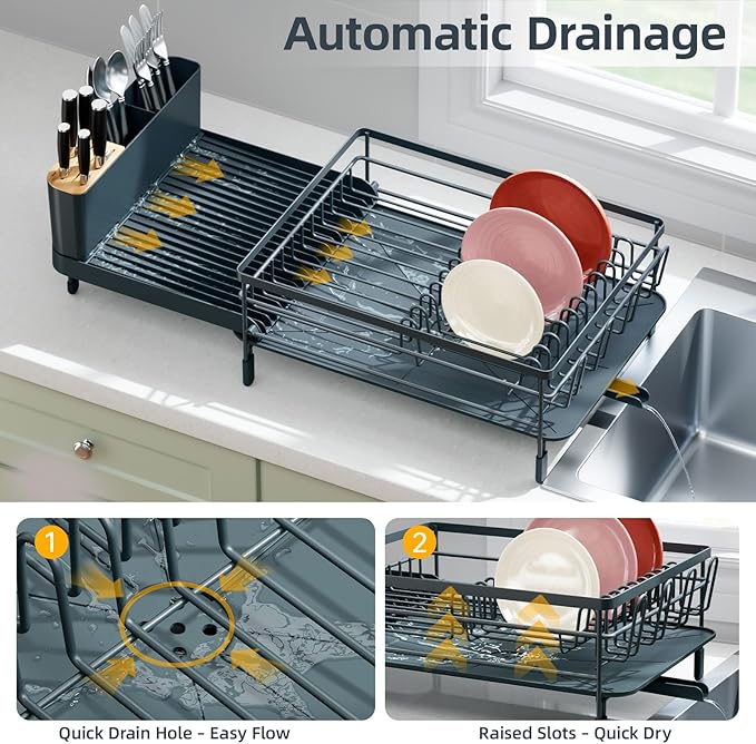 Urackify Large Dish Drying Rack, Expandable Dish Racks for Kitchen Counter, Multifunctional Dish Drainer with Utensil Holder & Cup Holder, 18.5"-26.7" L x 12.7" W, Dark Slate Gray