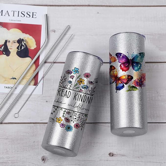 Glitter Sublimation Tumblers 20 Oz Skinny Straight, 8 Pack Sublimation Glitter Skinny Tumbler Blanks, Insulated Stainless Steel Tumbler, Silver