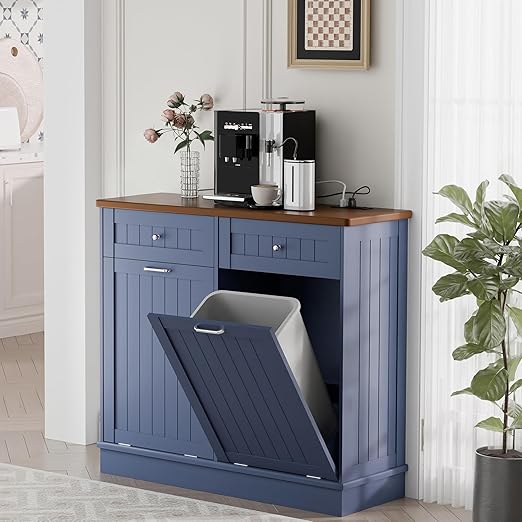 Betterhood Double Tilt Out Trash Cabinet with Power Outlet, 10 Gallon Trash Cabinet with Storage,Pet Proof Trash Can with 2 AC & USB Sockets for Kitchen,Living Room (Blue, Double Door)