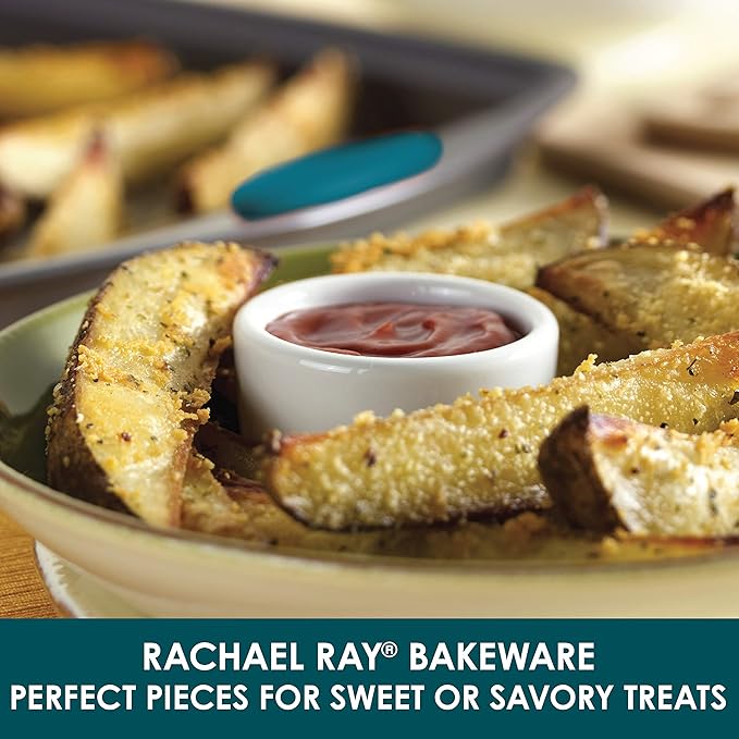 Rachael Ray 47021 Nonstick Bakeware Set with Grips includes Nonstick Baking Pans, Baking Sheet and Nonstick Bread Pan - 5 Piece, Gray with Marine Blue Handles