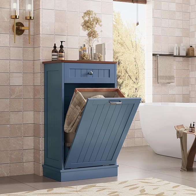 KIGOTY Tilt Out Trash Cabinet,Wooden Kitchen Trash Bin Holder Garbage Bin Recycling Cabinet Laundry Hamper with Solid Wood Countertop and Hideaway Drawer (Haze Blue)