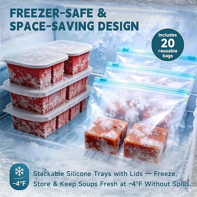 4 Pack Silicone Freezer Trays with Lid - Multi-Size 1-Cup & 2-Cup Portions, Food-Grade Silicone Freezer Molds for Soup & Meal Prep - Large Freezer Storage Containers, Oven & Dishwasher Safe - Red