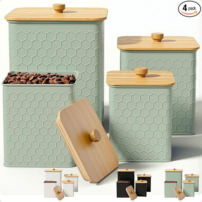 Kitchen Canisters for Countertop Set of 4 - Textured Iron Kitchen Canisters with Airtight Lids - Flour Sugar Canister Set - Flour and Sugar Containers Farmhouse - Coffee Jar for Counter - Green Jar x4
