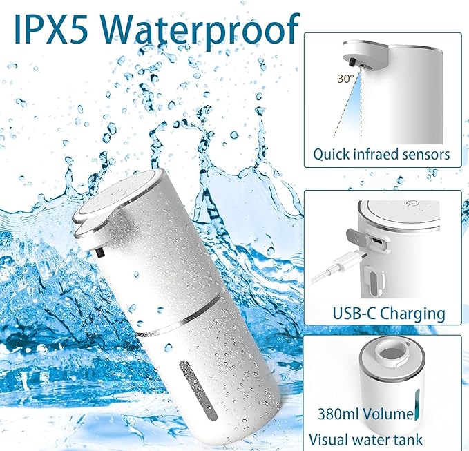 2P Automatic Soap Dispenser, Touchless Foaming Soap Dispenser 400ml USB Rechargeable Dispenser Electric Wall Mounted 4levels Adjustable Foam Dish Soap Pump for Bathroom Kitchen