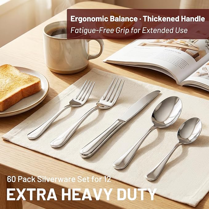 KIKCOIN 60 Pack Silverware Set for 12, Heavy Duty Stainless Steel Flatware Set, Mirror Polished Cutlery Utensils Set Includes Forks and Spoons Set for Home Kitchen Restaurant Wedding