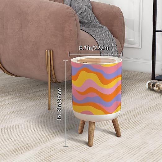 Trash Can with Lid Groovy retro seamless Disco wavy rainbow for trendy funky prints Press Top Round Small Garbage Bin with Wooden Legs Waste Basket for Kitchen Bedroom Nursery 7L/1.8 Gallon