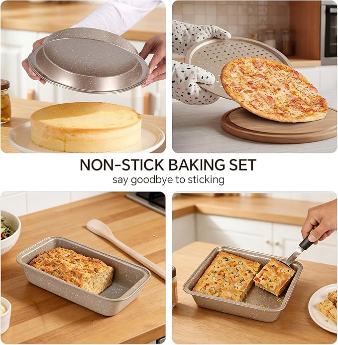 11 Piece Baking Set | Nonstick & Non Toxic Bakeware Sets Baking Pans Set | Carbon Steel Baking Supplies Include Notebook, Cookie Sheets, Roasting Pan, Muffin Pan, Cake Pan, Pizza Pan, Loaf Pan