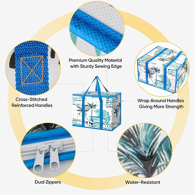 BALEINE 2Pk Insulated Reusable Grocery Bags, Collapsible Cooler Bag for Groceries, Heavy Duty Large Insulated Bag (16''x9''x13'', Island Breeze)