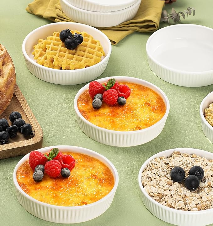 Ramekins 8 oz Oven Safe Set of 6 - Ceramic Creme Brulee Dishes, Souffle Cups, Individual Quiche Baking Dish, Food-Safe White Pudding Bowls for Kitchen, Stackable and Dishwasher Safe
