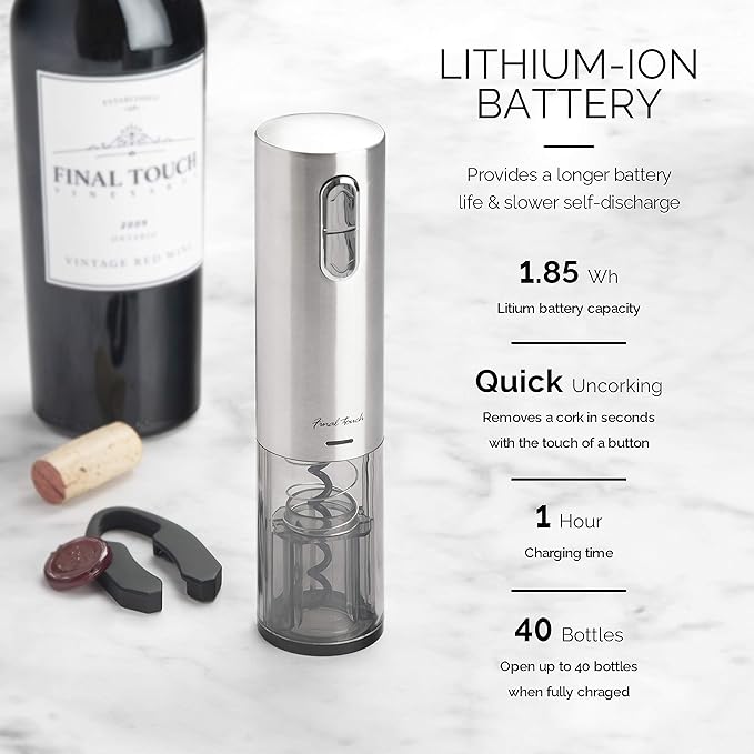 Final Touch Electric Corkscrew with Lithium-Ion Battery | Easy Cork Removal, USB Charging, LED Lights | Stainless Steel Wine Opener for Home and Parties (WO3032)