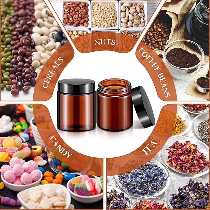 Domensi 24 Pcs Bulk 6oz Glass Jars with Lids Leakproof Round Airtight Empty Cosmetic Jars with Inner Liners Lid for Storing Lotions Spices Ointments Food Storage (Amber)