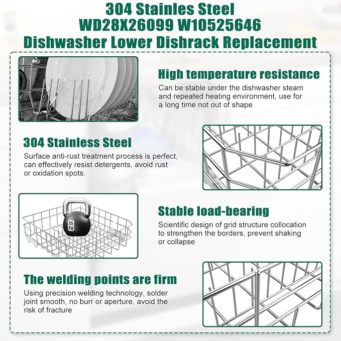 UPGRADED 304 Stainless Steel WD28X26099 WD28X24396 Dishwasher Lower Rack Replacement Compatible with GE Dishwasher Rack Parts With WD28X27241 Wheel & WD28X10128 Universal Dishwasher Silverware Basket
